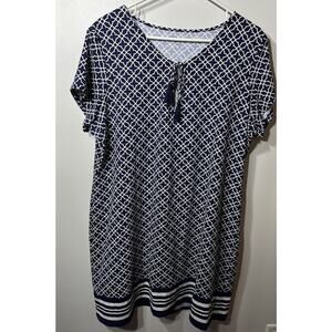 LANDS' END Dress Short Sleeve Navy/White Casual Pullover Nylon/Spandex Large